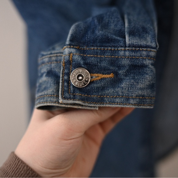 Vintage 90s LA Blues Hooded Denim Jacket Women’s 16/18 Y2K Zip Up - Picture 7 of 12